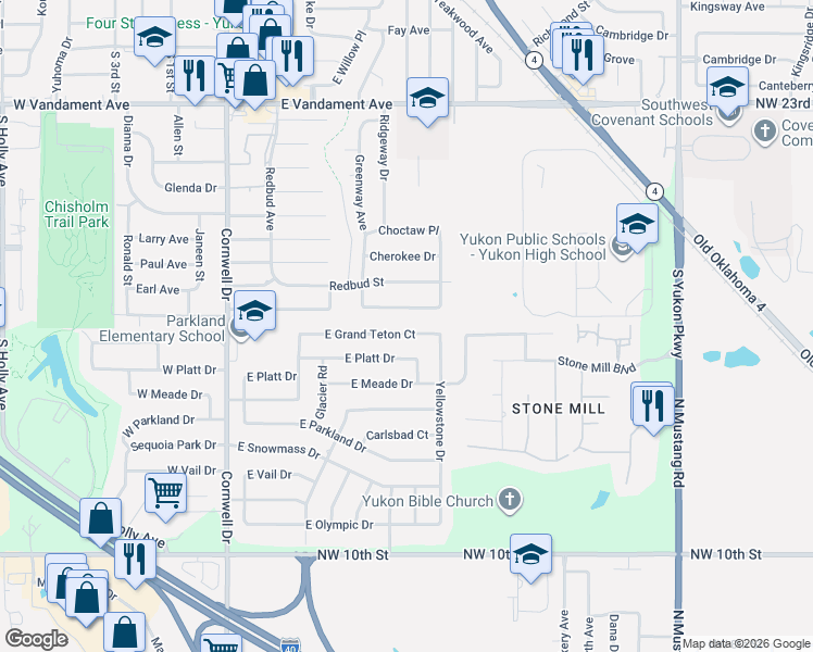map of restaurants, bars, coffee shops, grocery stores, and more near 329 Chickasaw Lane in Yukon