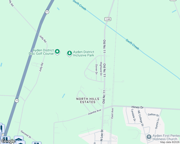 map of restaurants, bars, coffee shops, grocery stores, and more near 320 Meadow Drive in Ayden