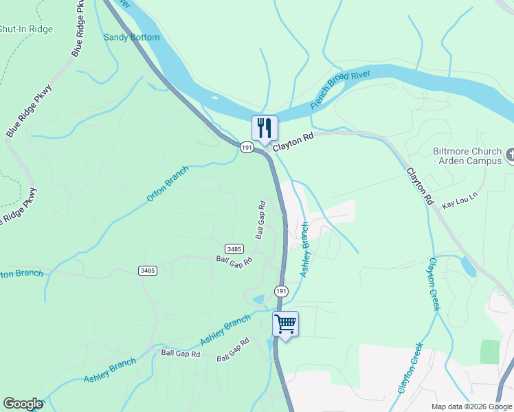 map of restaurants, bars, coffee shops, grocery stores, and more near 31 Ball Gap Road in Arden