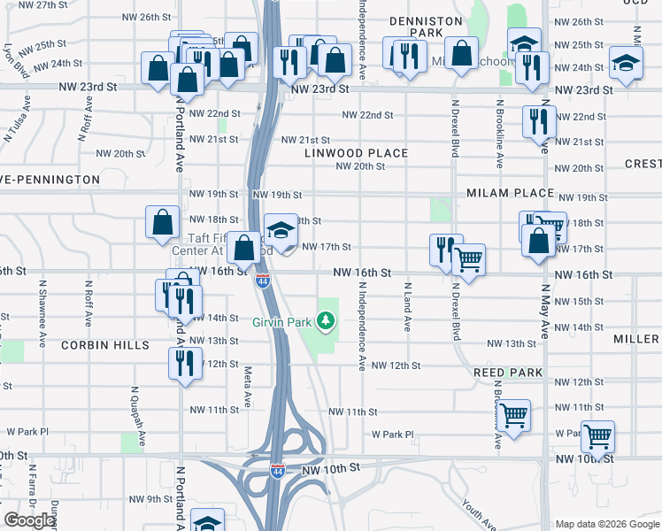 map of restaurants, bars, coffee shops, grocery stores, and more near 3334 Northwest 17th Street in Oklahoma City