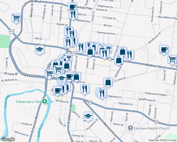 map of restaurants, bars, coffee shops, grocery stores, and more near 515 Deery Street in Shelbyville