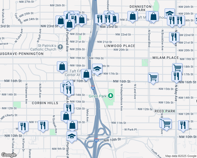 map of restaurants, bars, coffee shops, grocery stores, and more near 3416 Northwest 17th Street in Oklahoma City