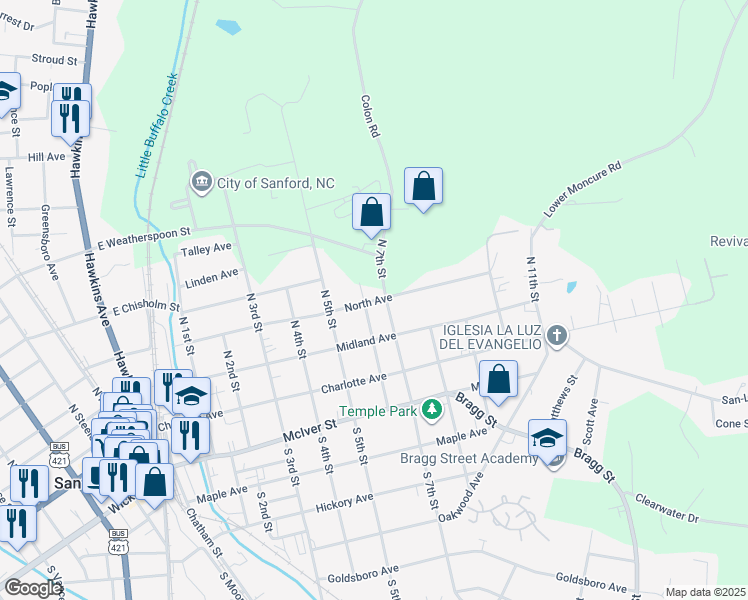 map of restaurants, bars, coffee shops, grocery stores, and more near 305 North 6th Street in Sanford