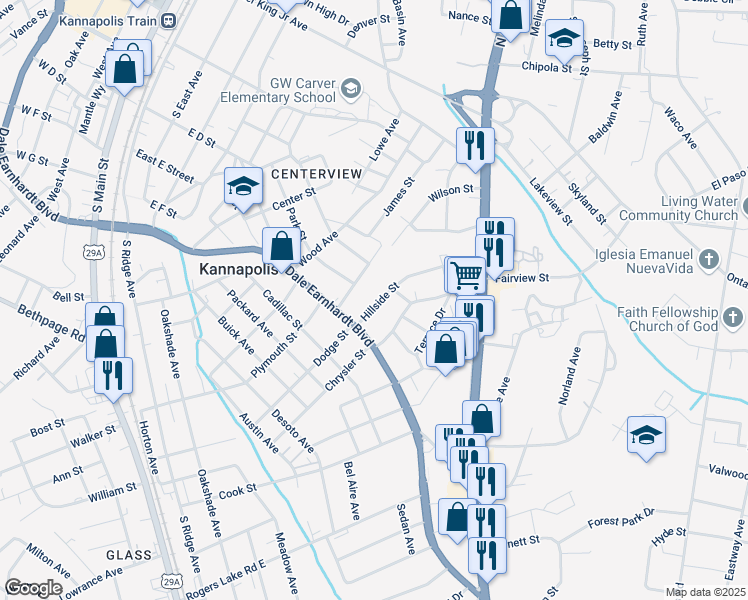 map of restaurants, bars, coffee shops, grocery stores, and more near 614 Laundry Street in Kannapolis
