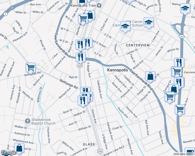 map of restaurants, bars, coffee shops, grocery stores, and more near 612 Oakshade Avenue in Kannapolis