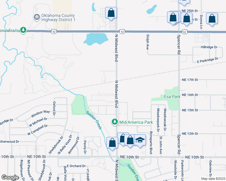 map of restaurants, bars, coffee shops, grocery stores, and more near 1721 North Midwest Boulevard in Oklahoma City