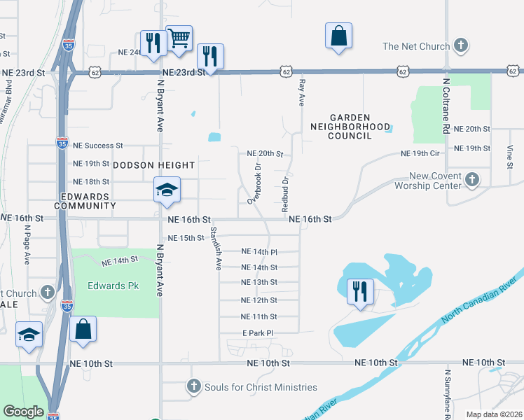 map of restaurants, bars, coffee shops, grocery stores, and more near 1800 Washington Boulevard in Oklahoma City