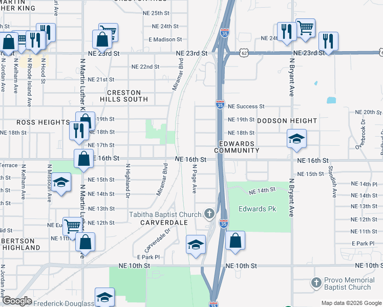 map of restaurants, bars, coffee shops, grocery stores, and more near 2505 Northeast 17th Street in Oklahoma City