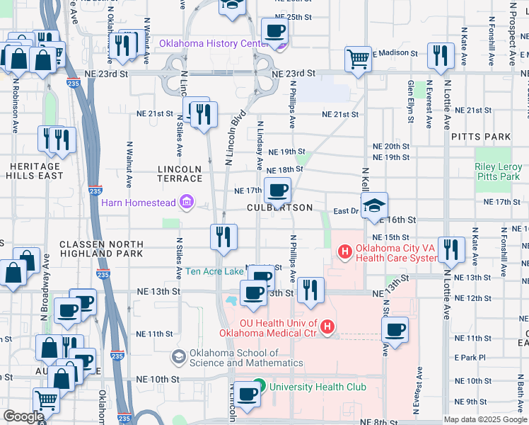 map of restaurants, bars, coffee shops, grocery stores, and more near 714 Northeast 17th Street in Oklahoma City
