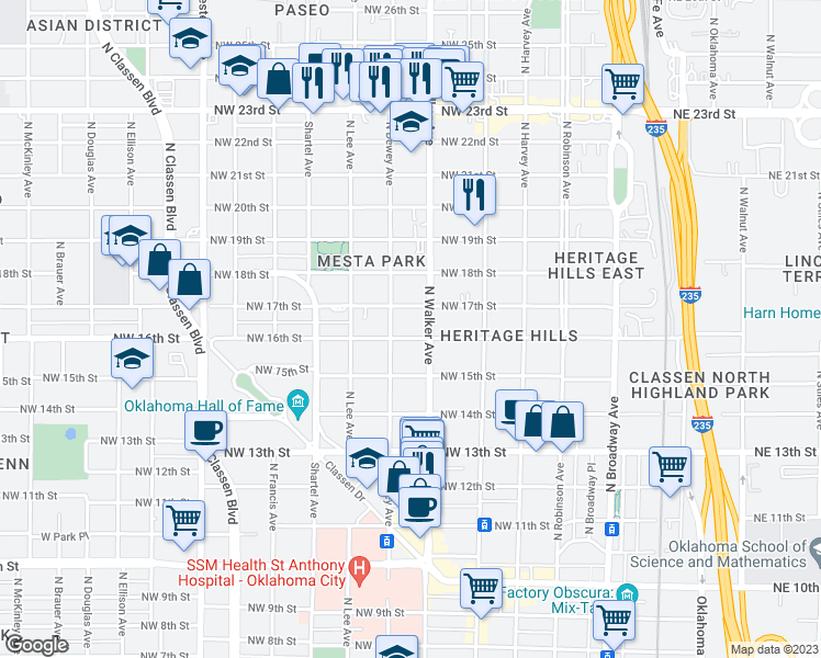map of restaurants, bars, coffee shops, grocery stores, and more near 528 Northwest 17th Street in Oklahoma City