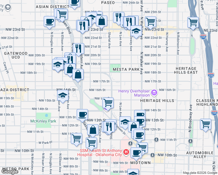 map of restaurants, bars, coffee shops, grocery stores, and more near 800 Northwest 17th Street in Oklahoma City