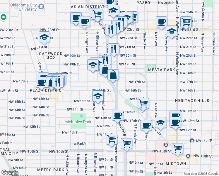 map of restaurants, bars, coffee shops, grocery stores, and more near in Oklahoma City