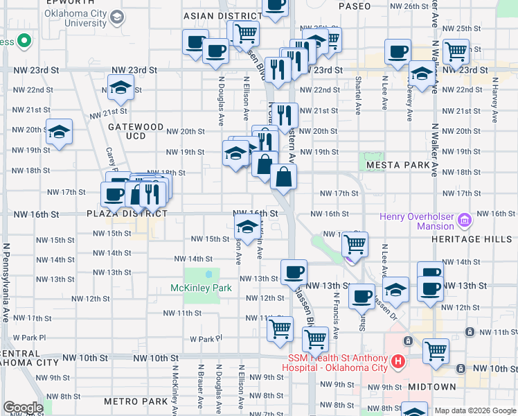 map of restaurants, bars, coffee shops, grocery stores, and more near in Oklahoma City