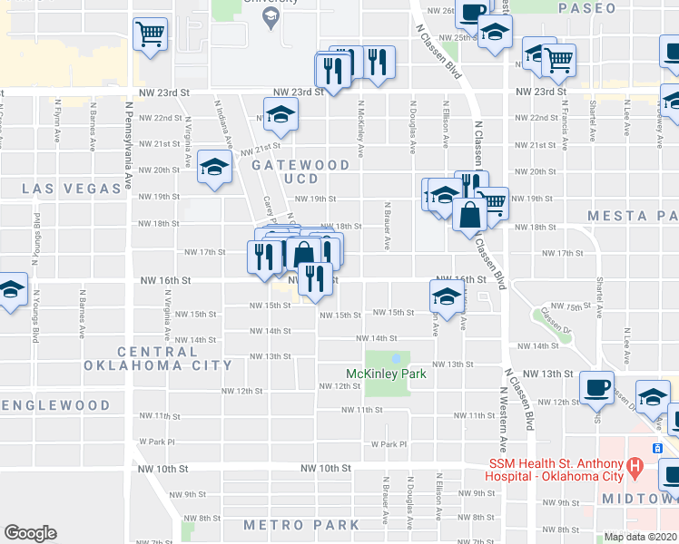 map of restaurants, bars, coffee shops, grocery stores, and more near 1614 Northwest 17th Street in Oklahoma City