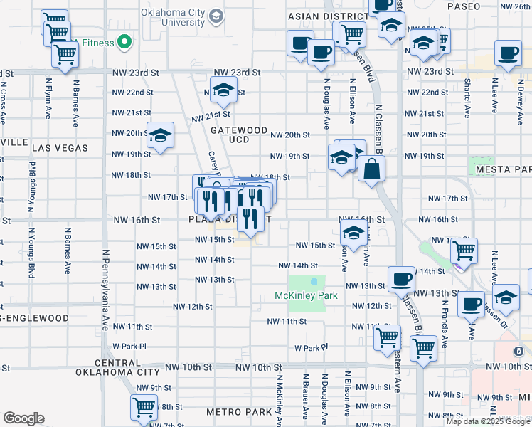 map of restaurants, bars, coffee shops, grocery stores, and more near 1614 Northwest 17th Street in Oklahoma City