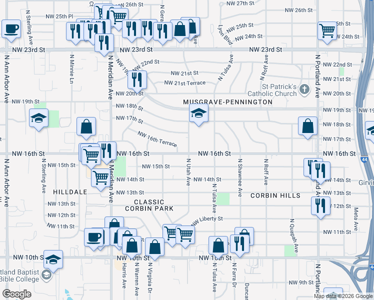 map of restaurants, bars, coffee shops, grocery stores, and more near 1727 North Utah Avenue in Oklahoma City