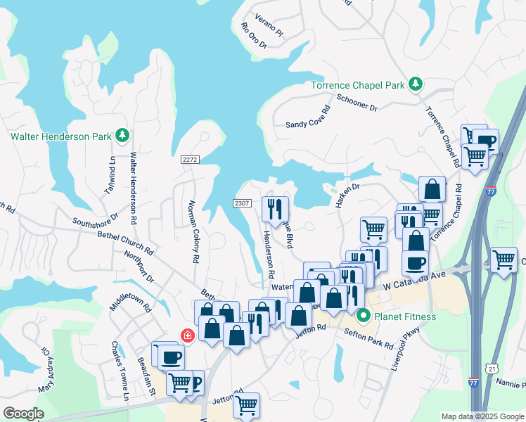map of restaurants, bars, coffee shops, grocery stores, and more near 21358 Nautique Boulevard in Cornelius