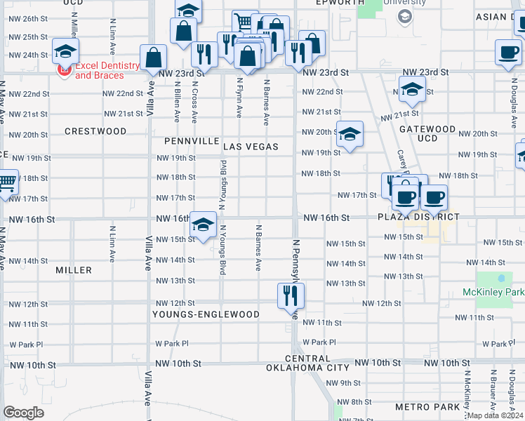 map of restaurants, bars, coffee shops, grocery stores, and more near 1703 North Barnes Avenue in Oklahoma City