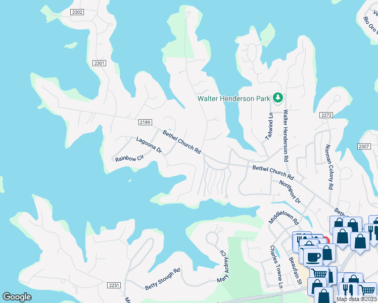 map of restaurants, bars, coffee shops, grocery stores, and more near 20811 Bethel Church Road in Cornelius