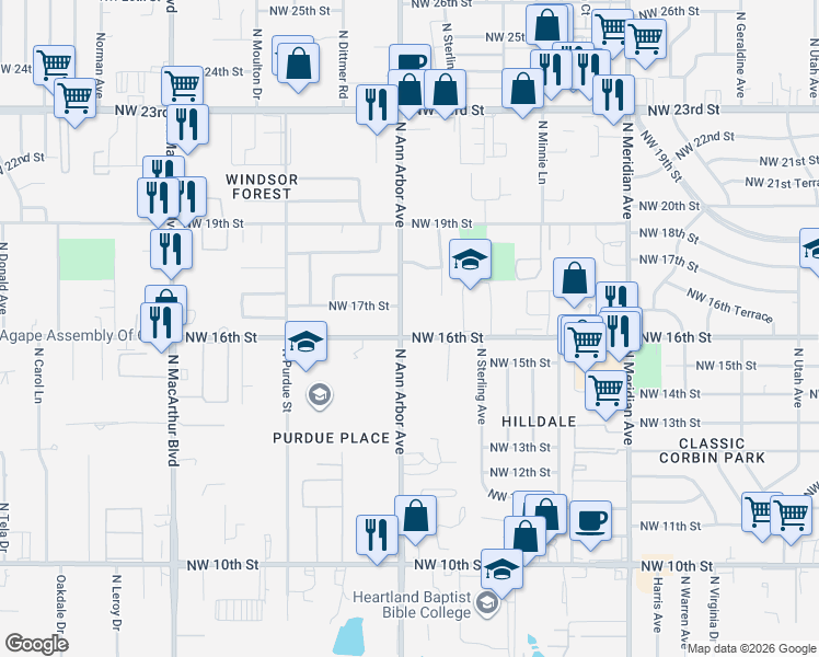 map of restaurants, bars, coffee shops, grocery stores, and more near 1800 North Ann Arbor Avenue in Oklahoma City