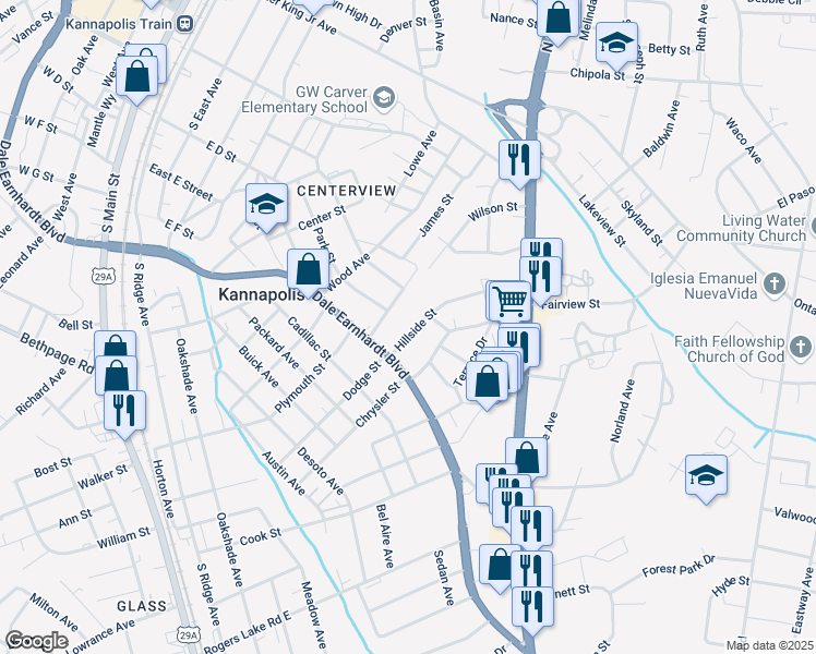 map of restaurants, bars, coffee shops, grocery stores, and more near 614 Laundry Street in Kannapolis