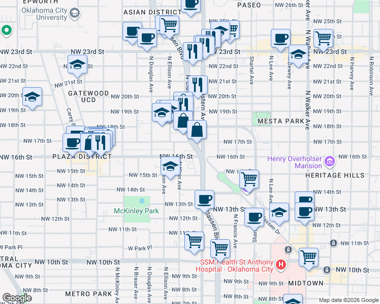 map of restaurants, bars, coffee shops, grocery stores, and more near in Oklahoma City