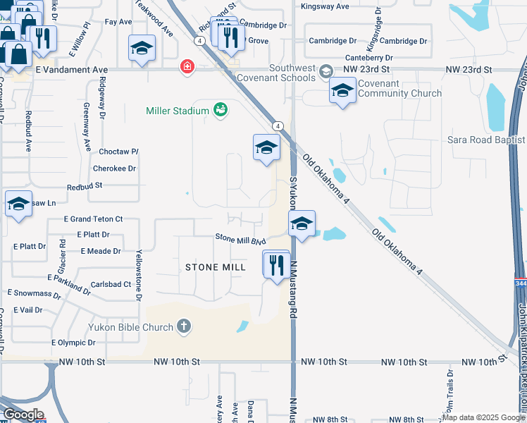 map of restaurants, bars, coffee shops, grocery stores, and more near 1777 South Yukon Parkway in Yukon