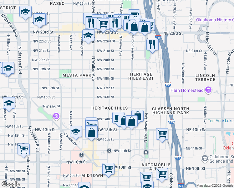 map of restaurants, bars, coffee shops, grocery stores, and more near 314 Northwest 17th Street in Oklahoma City