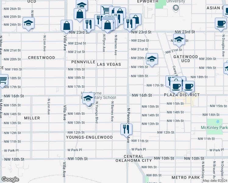 map of restaurants, bars, coffee shops, grocery stores, and more near 1705 North Barnes Avenue in Oklahoma City