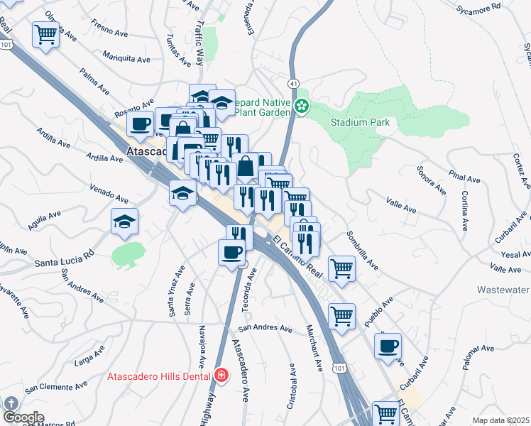 map of restaurants, bars, coffee shops, grocery stores, and more near 6915 Santa Ysabel Avenue in Atascadero