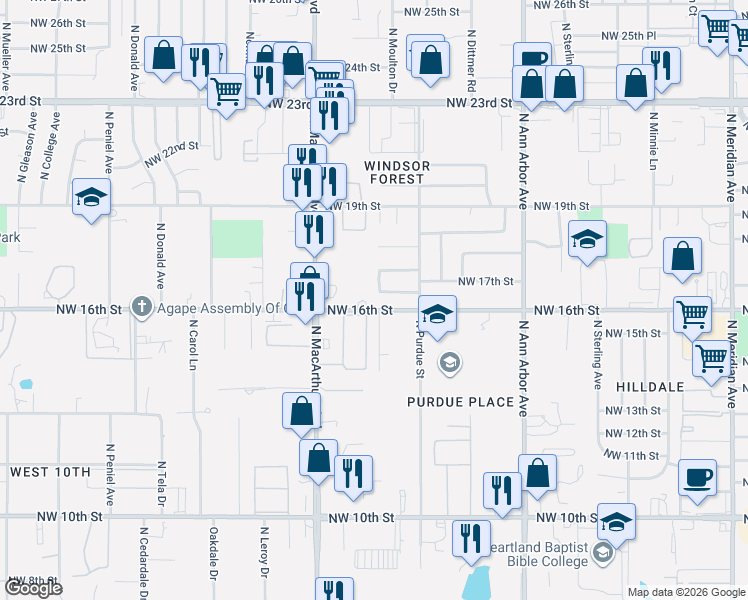 map of restaurants, bars, coffee shops, grocery stores, and more near 1809 Colton Drive in Oklahoma City