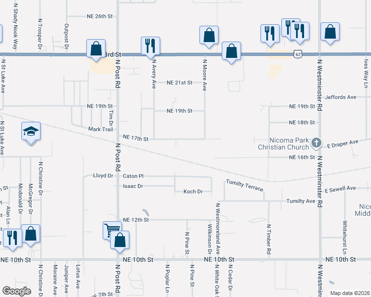 map of restaurants, bars, coffee shops, grocery stores, and more near 10313 Northeast 17th Street in Oklahoma City