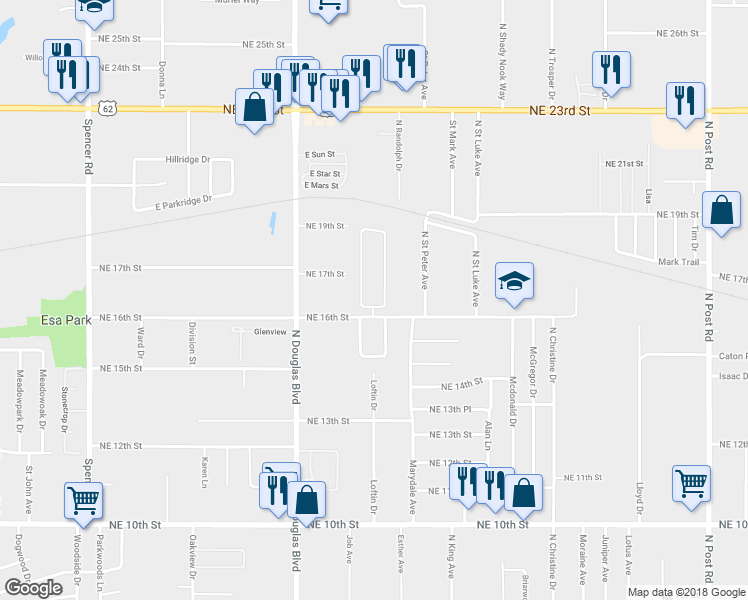 map of restaurants, bars, coffee shops, grocery stores, and more near 9016 Northeast 17th Street in Oklahoma City