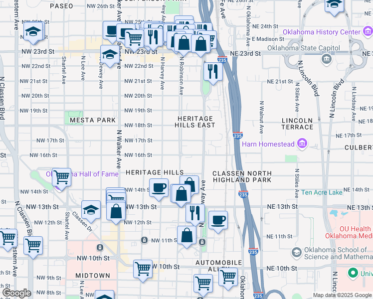 map of restaurants, bars, coffee shops, grocery stores, and more near 119 1/2 Northwest 17th Street in Oklahoma City