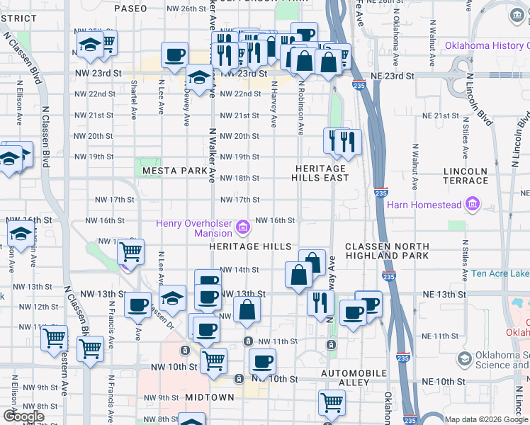 map of restaurants, bars, coffee shops, grocery stores, and more near 314 Northwest 17th Street in Oklahoma City