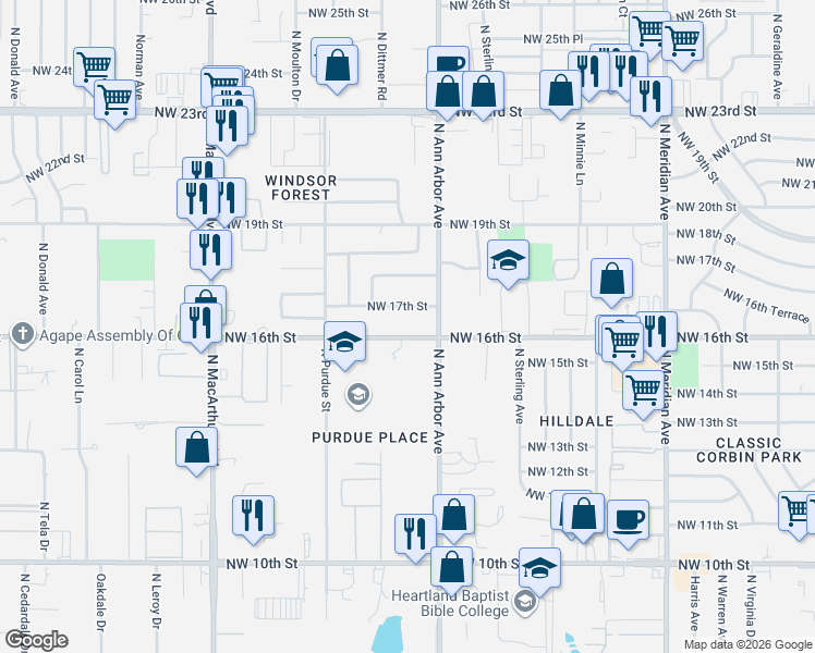 map of restaurants, bars, coffee shops, grocery stores, and more near 4912 Northwest 17th Street in Oklahoma City