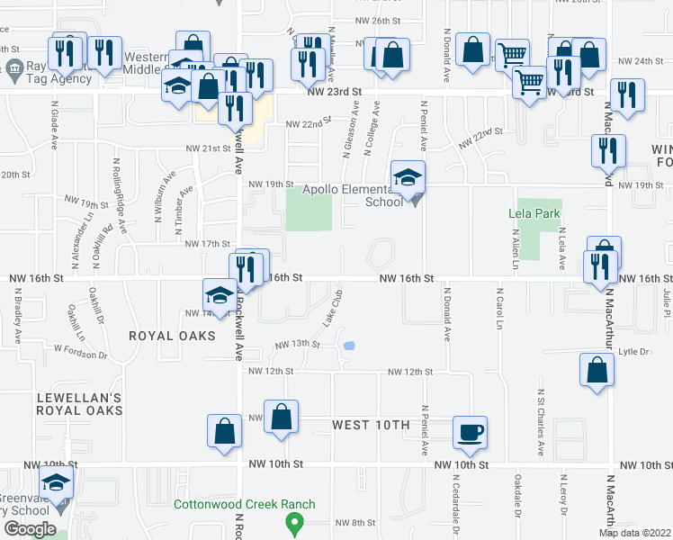 map of restaurants, bars, coffee shops, grocery stores, and more near 1705 North Gleason Avenue in Bethany