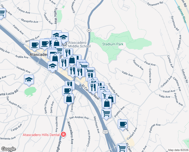 map of restaurants, bars, coffee shops, grocery stores, and more near 7175 Santa Ysabel Avenue in Atascadero