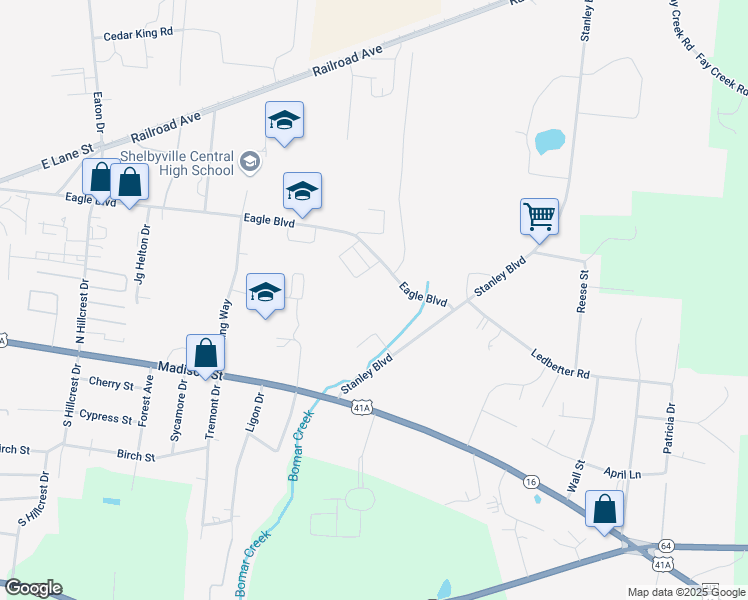 map of restaurants, bars, coffee shops, grocery stores, and more near 720 Eagle Boulevard in Shelbyville