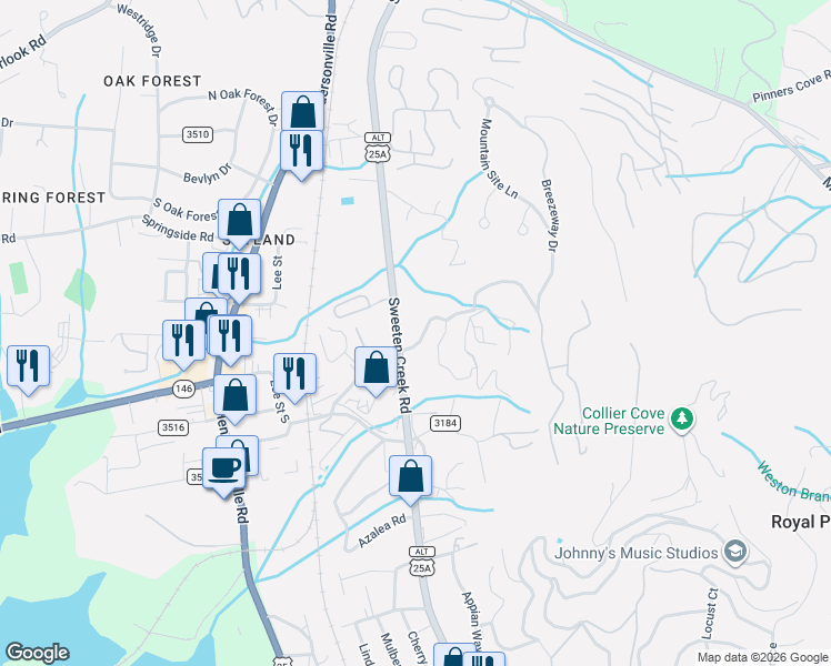 map of restaurants, bars, coffee shops, grocery stores, and more near 3220 Sweeten Creek Road in Asheville