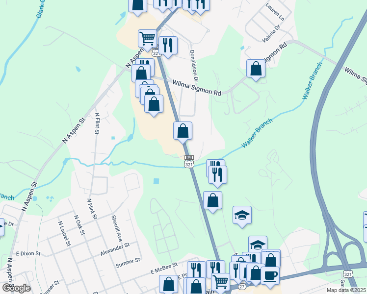 map of restaurants, bars, coffee shops, grocery stores, and more near 427 North Generals Boulevard in Lincolnton