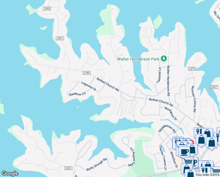 map of restaurants, bars, coffee shops, grocery stores, and more near 20811 Bethel Church Road in Cornelius
