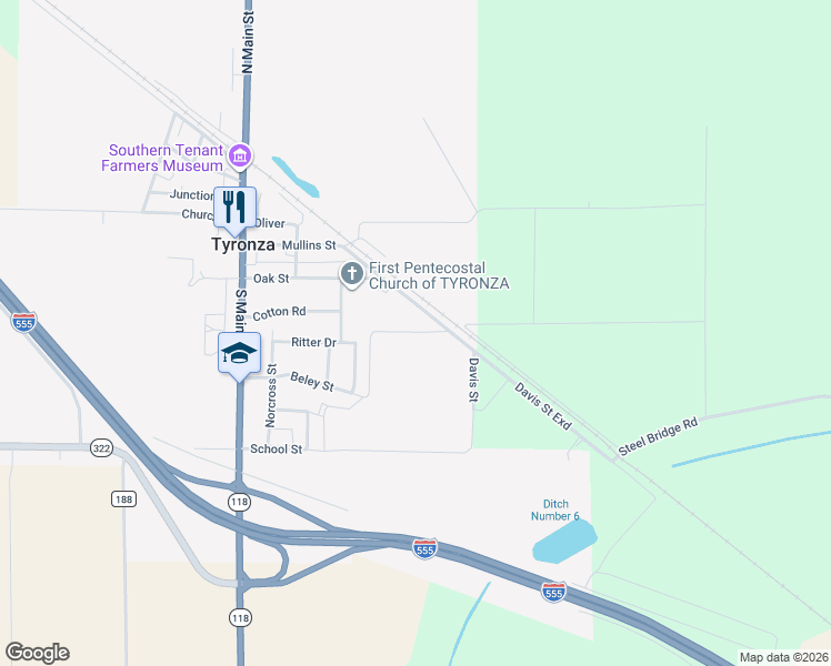 map of restaurants, bars, coffee shops, grocery stores, and more near in Tyronza
