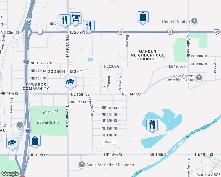 map of restaurants, bars, coffee shops, grocery stores, and more near 1800 Washington Boulevard in Oklahoma City