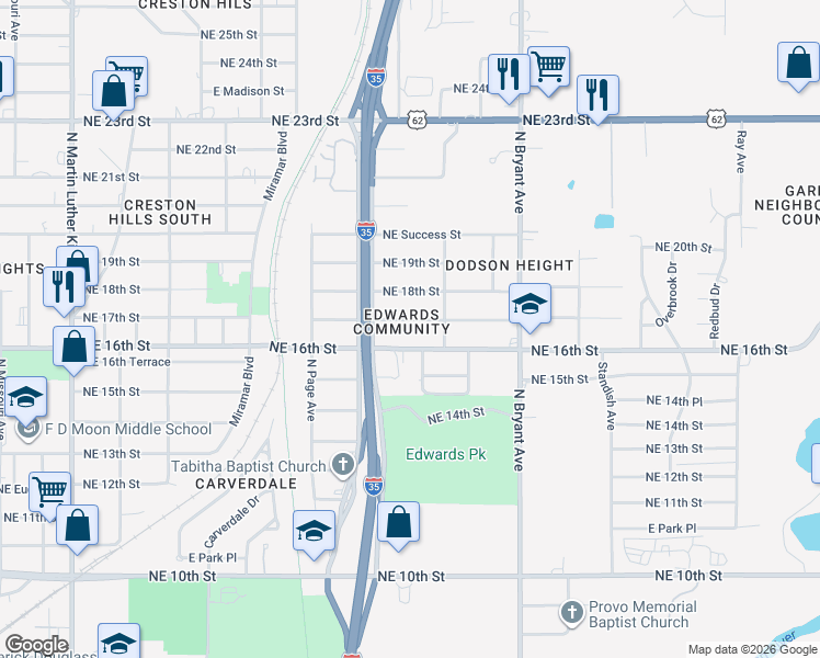 map of restaurants, bars, coffee shops, grocery stores, and more near 2621 Northeast 17th Street in Oklahoma City