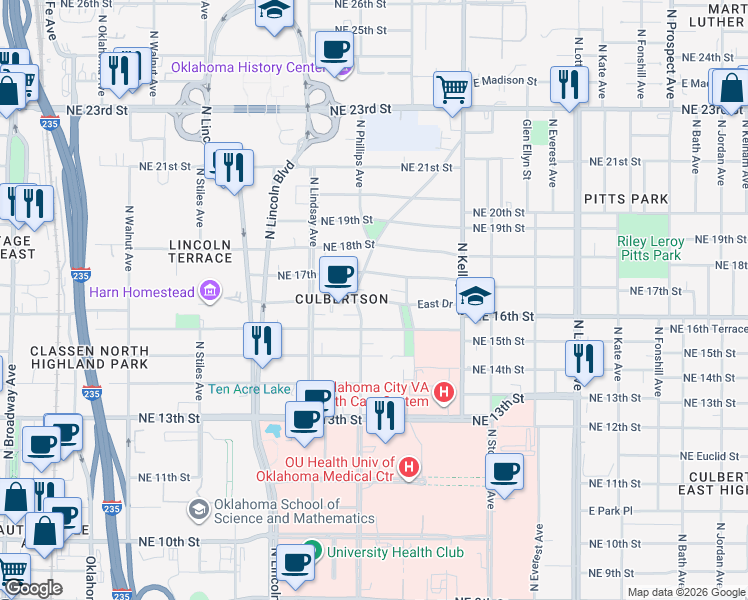 map of restaurants, bars, coffee shops, grocery stores, and more near 800 Culbertson Drive in Oklahoma City