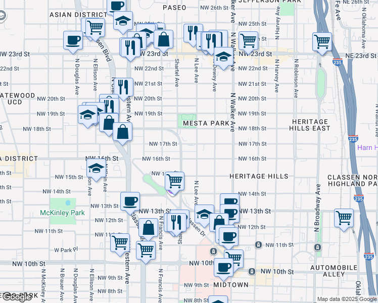 map of restaurants, bars, coffee shops, grocery stores, and more near 800 Northwest 17th Street in Oklahoma City