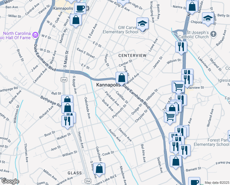 map of restaurants, bars, coffee shops, grocery stores, and more near 804 Cadillac Street in Kannapolis