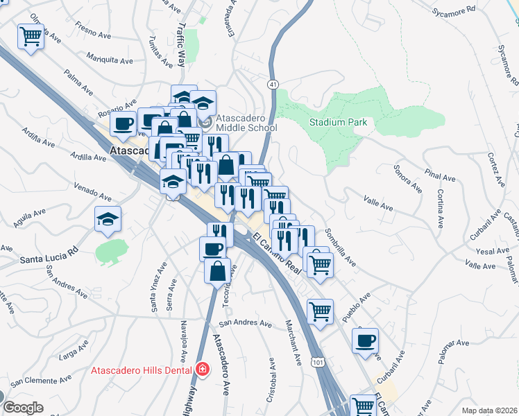 map of restaurants, bars, coffee shops, grocery stores, and more near 7065 El Camino Real in Atascadero