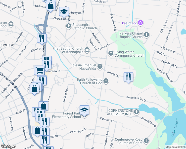 map of restaurants, bars, coffee shops, grocery stores, and more near 157 Fairmont Circle in Kannapolis